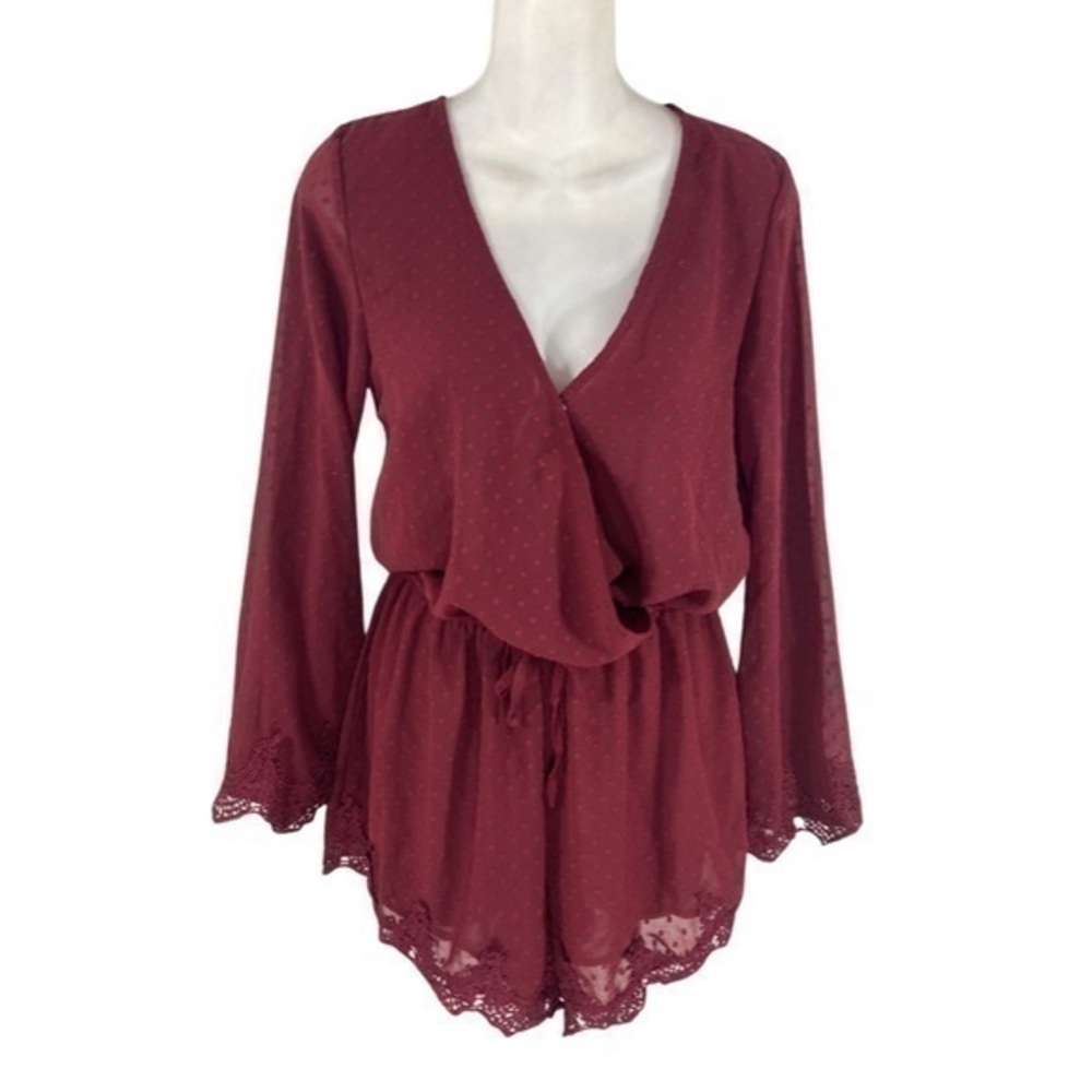 Showpo. Burgundy crochet lace trim surplice romper FF8